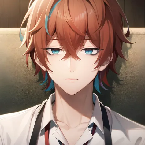 kannonzaka doppo\(hypnosis mic\), 1boy, solo, looking at viewer, male focus, short hair, blue eyes, bags under eyes, orange hair, multicolored hair, hair between eyes, blue hair, collared shirt, lanyard, close-up