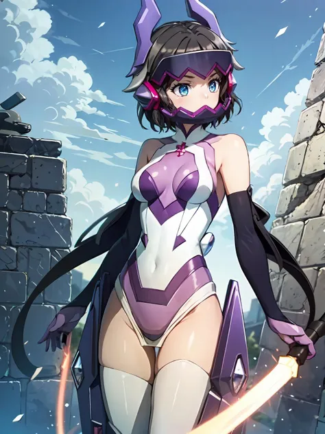 (extremely detailed CG), (best quality), 1girl, perfect face, shiny skin, lustrous skin, wide hips,narrow waist, <lora:MikuGear-08:0.8> KohinataMiku,bangs,mask,helmet,blue eyes,detached sleeves,purple gloves,bodysuit,leotard,thighhighs elbow gloves,bare shoulders,headgear,1girl,black hair, short hair, standing, blu sky background