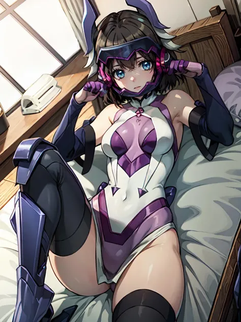 (extremely detailed CG), (best quality), 1girl, perfect face, shiny skin, lustrous skin, wide hips,narrow waist, <lora:MikuGear-10:0.8> KohinataMiku,bangs,mask,helmet,blue eyes,detached sleeves,purple gloves,bodysuit,leotard,thighhighs elbow gloves,bare shoulders,headgear,1girl,black hair, short hair, lying on bed, indoors,