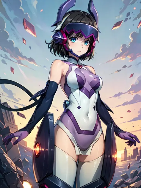 ultra-detailed, Explicit, Beautiful body, Beautiful Nose, Beautiful character design, perfect eyes, perfect face, ultra highres, 4K, beautiful legs, perfect legs, Nice hands, Perfect hand, Masterpiece, Best Quality, Highly detailed, illustration, absurdres, perfect anatomy, street fighter, doll suit, shadaloo doll, dollsuit, expressionless, blank eyes, looking at viewer, red gloves, emotionless, black latex, corrution, mind control, female combatant, full body, hypnotized, unhappy trance, full body suit, ribbed bodysuit, both arms at side, obey, perfect female body, extremely glossy latex, hypnosis, hypnoLora, empty eyes, Mind control device, poses, submissive_pose, Slave, standing straight, standing, standing at attention, hat, necktie, belt, latex, ribbed bodysuit, thighhighs, garter belt, Fighting Stance, extending the right arm from the shoulder into the air with a straightened hand, military, thigh boots, hair ornaments, black hair, short hair, green eyes, (((pixel-perfect, detail-perfect))), solo, 1girl, Kohinata Miku ShenShoujing, Senki Zesshou Symphogear, bangs, ribbon, hair_bow, hair_ribbon, mask, helmet, ,headgear, saluting, salute, ass