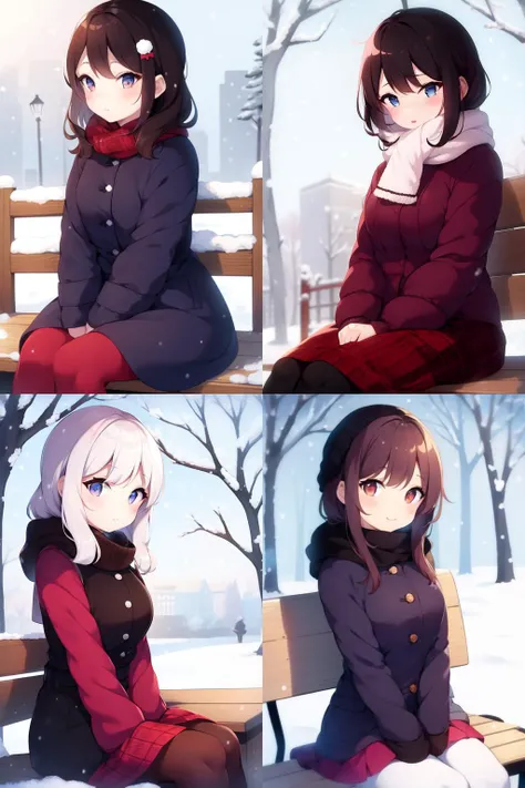 1girl, sitting on bench, outside, snowing , winter , ColourfulCartoon, <lora:ColourfulCartoon-12:0.6>