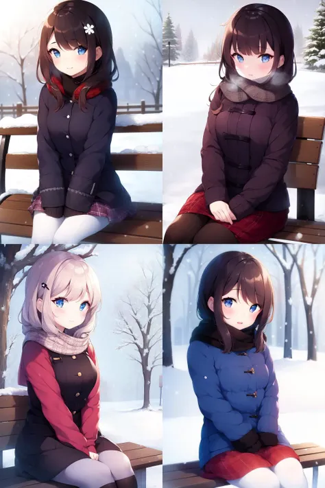 1girl, sitting on bench, outside, snowing , winter , ColourfulCartoon, <lora:ColourfulCartoon-06:0.6>