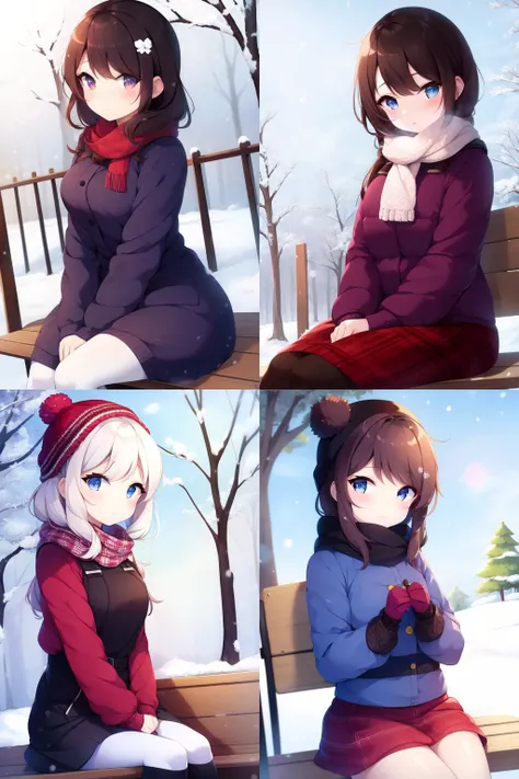 1girl, sitting on bench, outside, snowing , winter , ColourfulCartoon, <lora:ColourfulCartoon-16:0.6>