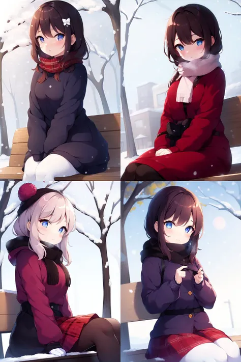 1girl, sitting on bench, outside, snowing , winter , ColourfulCartoon, <lora:ColourfulCartoon-20:0.6>