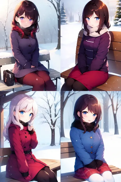 1girl, sitting on bench, outside, snowing , winter , ColourfulCartoon, <lora:ColourfulCartoon-08:0.6>