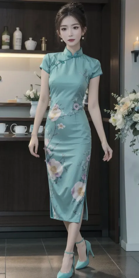 nikon RAW photo,8k,Fujifilm XT3,masterpiece,best quality,realistic,photorealistic,ultra detailed,extremely detailed face,cinematic lighting,cafe, gril,1girl,solo,full body, earrings, edium breasts, dynamic pose,happy,Surrounded by flowers,(flower:1.2), petals,candle, Rich details,high heels,
gray long double bun,
turquoise QIPAO,
<lora:qipao_lora:0.7><lora:dollyMixGirl_V2:0.7>
