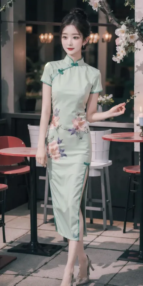 nikon RAW photo,8k,Fujifilm XT3,masterpiece,best quality,realistic,photorealistic,ultra detailed,extremely detailed face,cinematic lighting,cafe, gril,1girl,solo,full body, earrings, edium breasts, dynamic pose,happy,Surrounded by flowers,(flower:1.2), petals,candle, Rich details,high heels, smile, closed mouth,
green long double bun,
lavenderblush QIPAO,
<lora:qipao_lora:0.7><lora:prettyMixGirl_V1:0.7>