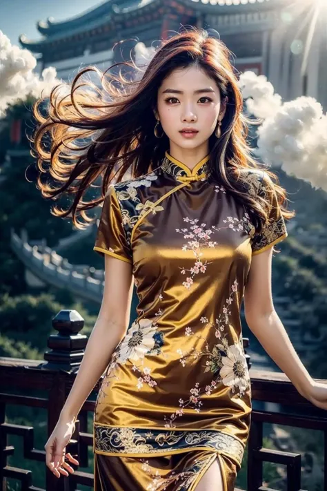 (realistic:1.3), finely detailed, quality, rembrandt lighting, (masterpiece:1.2), (photorealistic:1.2), (best quality), (detailed skin:1.3), (intricate details), dramatic, ray tracing, 1girl, east asian girl, smiling, long hair, windswept, floating hair, 21 years old, medium breasts, curvy hips, ornate, colorful clothes, qipao, gold trim, intricate, long dress, thigh slit, (warm natural light, great wall of china, sun, clouds), <lora:qipao_lora:0.7>