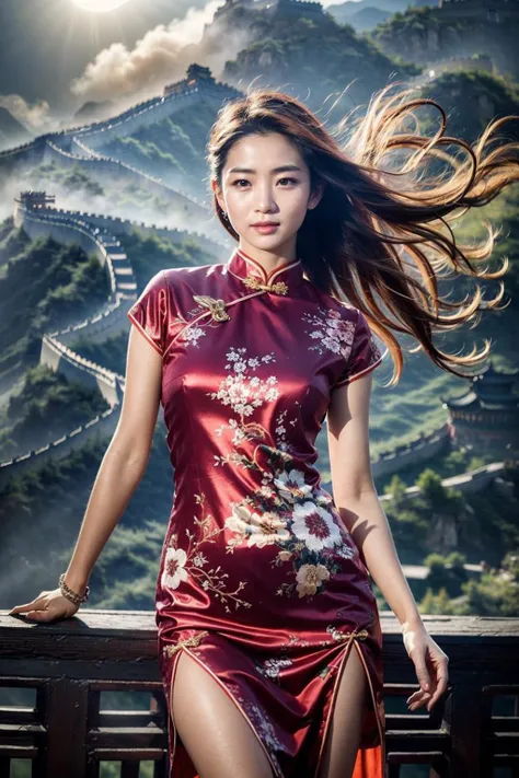 (realistic:1.3), finely detailed, quality, rembrandt lighting, (masterpiece:1.2), (photorealistic:1.2), (best quality), (detailed skin:1.3), (intricate details), dramatic, ray tracing, 1girl, east asian girl, smiling, long hair, windswept, floating hair, 21 years old, medium breasts, curvy hips, ornate, colorful clothes, qipao, intricate, long dress, thigh slit, (warm natural light, great wall of china, sun, clouds), <lora:qipao_lora:0.7>