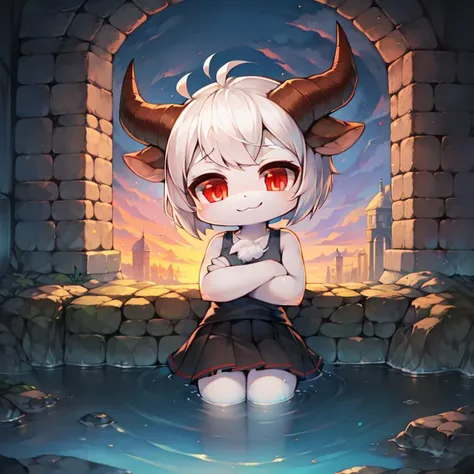 ((masterpiece, best quality)),(complex lighting), solo, full body, 1girl, red eyes, pixie cut ,white hair, sleeveless shirt, skirt, horns, <lora:maplestory_2_ver1-10:0.8>, chibi, tan, blissfull smile,Leaning against an old stone bridge, she gazes pensively into the rippling waters below