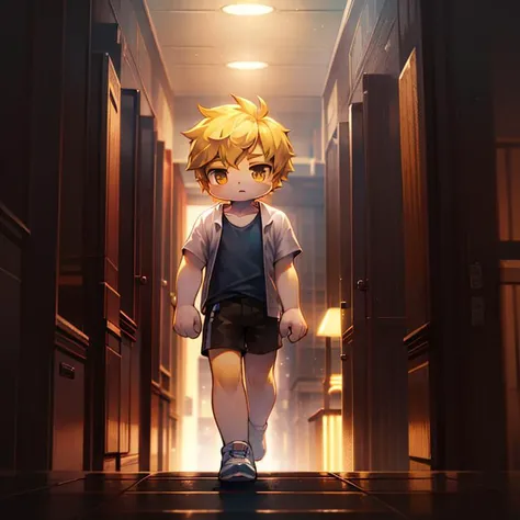 cinematic photo ((masterpiece, best quality)),(complex lighting), solo, full body, 1boy, yellow hair,open clothes,hair,shirt,shorts, <lora:maplestory_2_ver1-10:0.8>,chibi, walking towards viewer . 35mm photograph, film, bokeh, professional, 4k, highly detailed