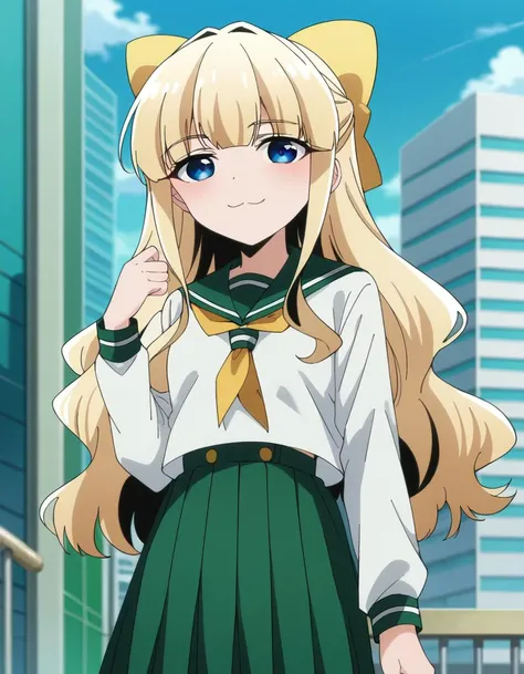 score_9, score_8_up, score_7_up, source_anime,
kaorukotenkawa, <lora:kaoruko-tenkawa-ponyxl-lora-nochekaiser:1>
kaoruko tenkawa, long hair, blue eyes, blonde hair, bow, hair bow, yellow bow,
skirt, shirt, long sleeves, school uniform, white shirt, pleated skirt, serafuku, sailor collar, neckerchief, green skirt, green sailor collar,
outdoors, cityscape, smile,
looking at viewer, dutch angle, cowboy shot