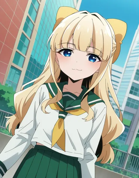 score_9, score_8_up, score_7_up, source_anime,
kaorukotenkawa, <lora:kaoruko-tenkawa-ponyxl-lora-nochekaiser:1>
kaoruko tenkawa, long hair, blue eyes, blonde hair, bow, hair bow, yellow bow,
skirt, shirt, long sleeves, school uniform, white shirt, pleated skirt, serafuku, sailor collar, neckerchief, green skirt, green sailor collar,
outdoors, cityscape, smile,
looking at viewer, dutch angle, cowboy shot