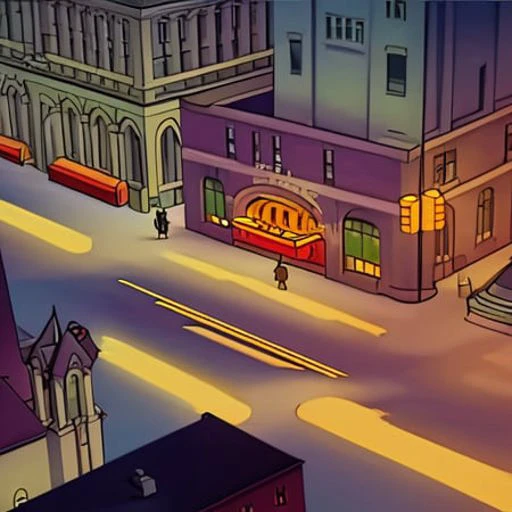 Fleischer Style an isometric neo-gothic city street at night, high contrast, 8k, deep shadows, atmospheric, cinematic, moody