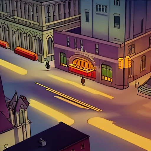 Fleischer Style an isometric neo-gothic city street at night, high contrast, 8k, deep shadows, atmospheric, cinematic, moody