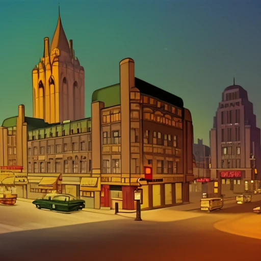 Fleischer Style an isometric neo-gothic city street at night, high contrast, 8k, deep shadows, atmospheric, cinematic, moody