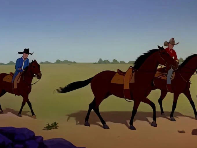 high quality animation cell of ( As the cowboys disappeared into the brush Townes van zandt heard the driver say ), dbluth, animated country music video scene, muted color scheme, hd, trending, FleischerStyle