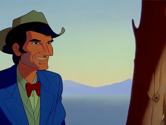 high quality animation cell of ( Townes van zandt's a little slow between the ears   He's always been that way. ), dbluth, animated country music video scene, muted color scheme, hd, trending, FleischerStyle