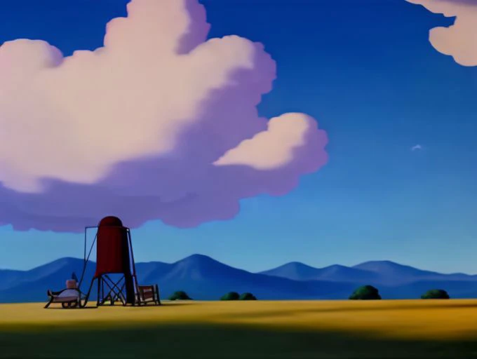 high quality animation cell of ( Well, the clouds didn't look like cotton They didn't even look like clouds ), dbluth, animated country music video scene, muted color scheme, hd, trending, FleischerStyle