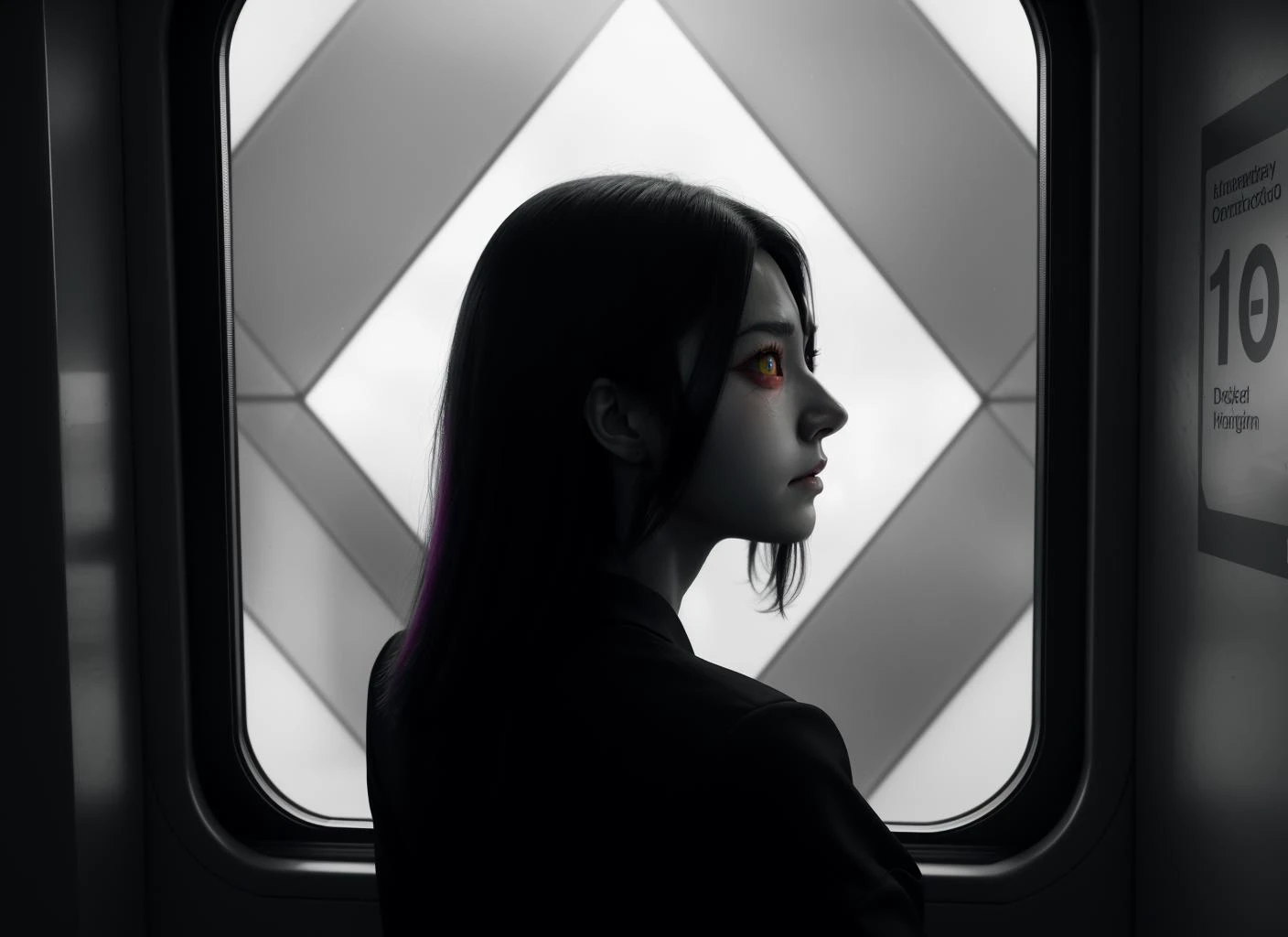 three cornered window, back of head shot of (woman looking out of triangle window:1.1), 3rd person, Looking out the triangular window of a (train:1.1) with triangular windows, triangular windows and triangular, wheels, in a fantasy world,
psychedelic, geometric, vivid light, high contrast, triadic colors, dark shadows, explosions, nuclear mushroom cloud, nuclear explosion, dystopian nightmare,
(beautiful composition),
21 yo woman,