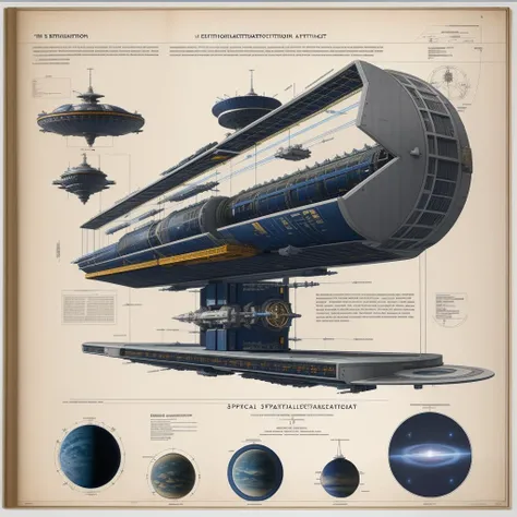 encyclopedia illustration space station side view construction cross-section schematics levitating in space, concept-art, megastructure, interstellar, space, sci-fi, concept_art sheet, jan matejko, encyclopedia plate poster, ADOLPHE MILLOT and Giger