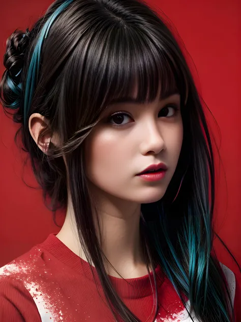 a girl,illustration , cover art , (((red))) , portrait , red background , red splash ,graffiti