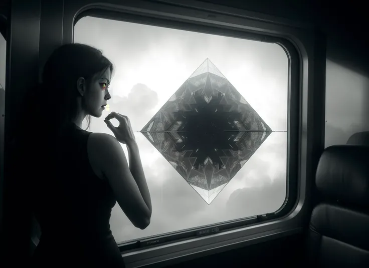 three cornered window, back of head shot of (woman looking out of triangle window:1.1), 3rd person, Looking out the triangular window of a (train:1.1) with triangular windows, triangular windows and triangular, wheels, in a fantasy world,
psychedelic, geometric, vivid light, high contrast, triadic colors, dark shadows, explosions, nuclear mushroom cloud, nuclear explosion, dystopian nightmare,
(beautiful composition),
21 yo woman,