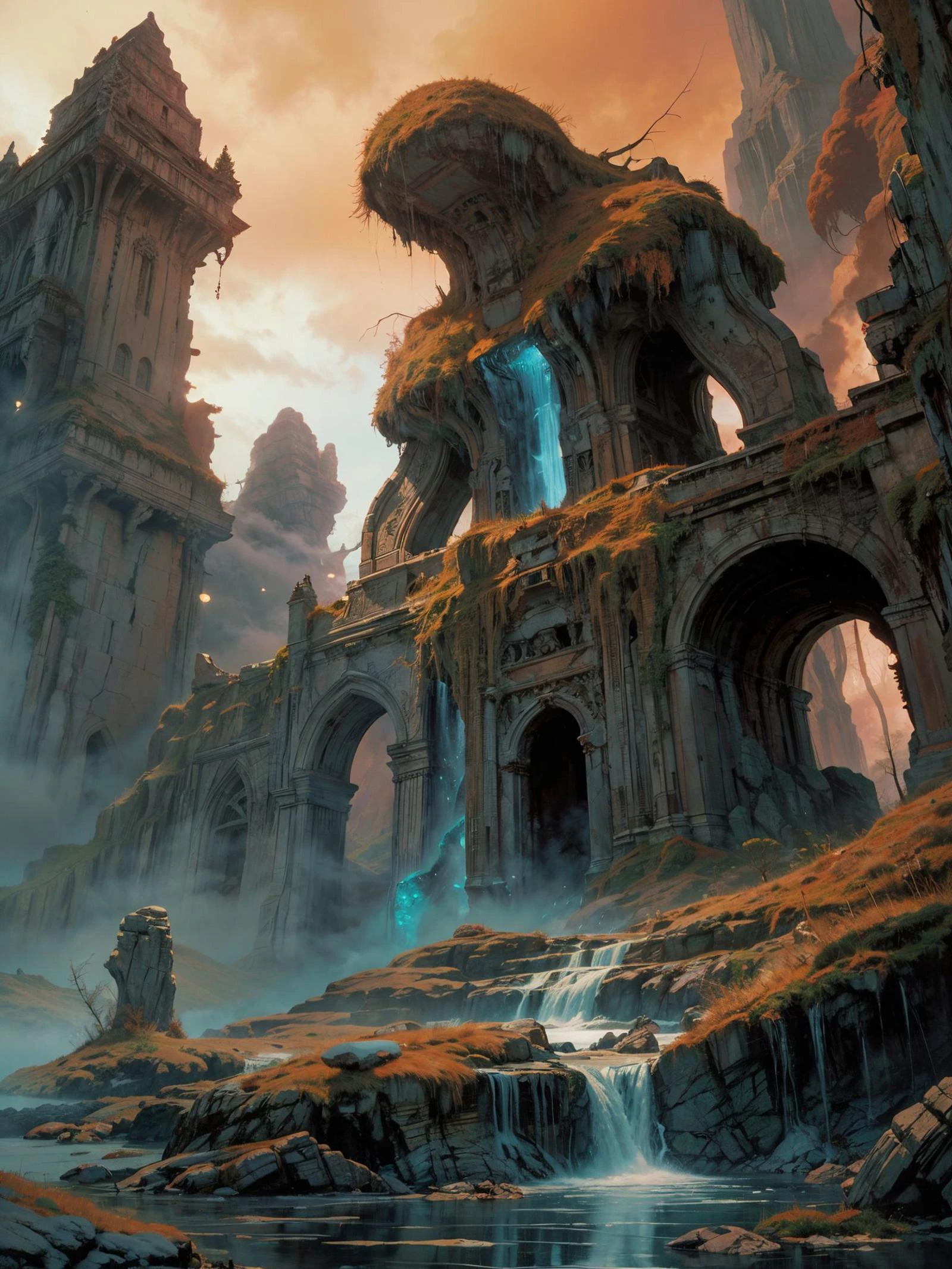 HDR photo of create a Legendary Landscape, apocalyptic setting with destruction, storm clouds, misty serene, eerie, steep hill, high stone vertical cliff, winter snow frozen, very tall magical tree grows on the cliff, forest waterfall landscape, fantasy, Water Coloring Style, Diffuse Cinematic Light , Pixiv, Watercolor, <lora:broshild2023:.3> <lora:NatureTech_Residencies:.3> . High dynamic range, vivid, rich details, clear shadows and highlights, realistic, intense, enhanced contrast, highly detailed<lora:RMSDXL_Enhance:1.0>