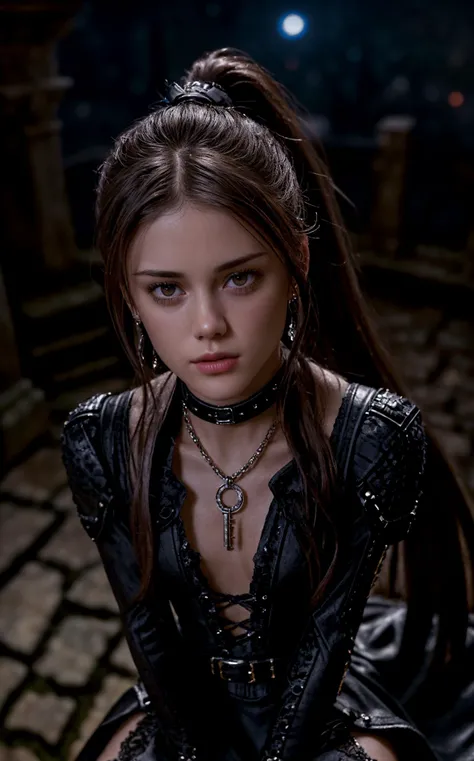 upper body shot of (dld_lcaprice:0.9), looking at viewer, black fetish colar, gothic dress,overknee boots, tomb at night, ponytail, (masterpiece, extremely detailed skin, photorealistic, heavy shadow, dramatic and cinematic lighting, key light, fill light),<lora:detail_slider_v4:5>, <lora:breastsizeslideroffset:-0.75>,