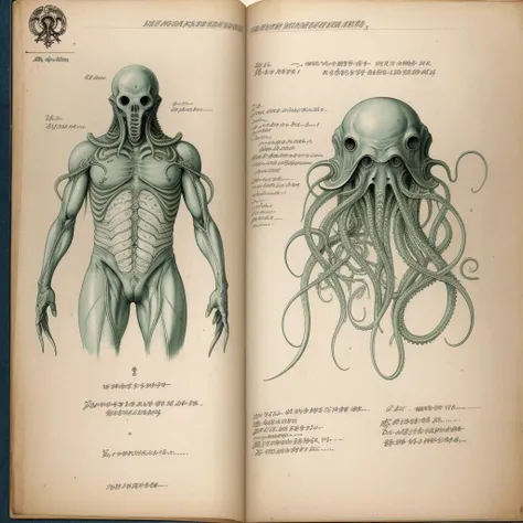 full page scan of 1800s detailed anatomy book medical, cthulhu cross_section, mysterious symbols around, text, scribbles and text-notes, ancient cthulhu anatomy watercolor illustrations,sketches, cross-section of a cthulhu body vivisection, style of Kim Jung Gi, ancient writing, old white paper, sheet page scan, Jan Matejko ADOLPHE MILLOT