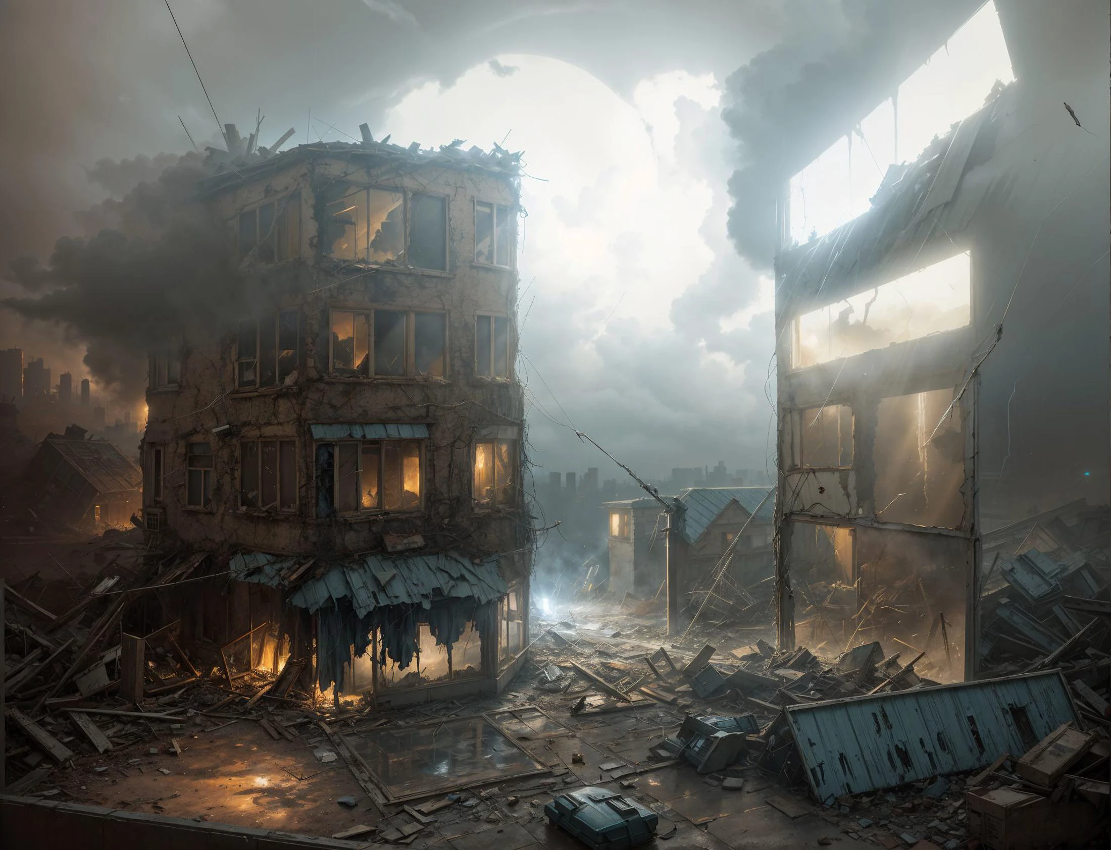 HDR photo of create a Legendary Landscape, apocalyptic setting with destruction, storm clouds, misty serene, eerie, apocalyptic scene through a broken window pane, the brushwork infuses the painting style of Greg Hildebrandt, dynamic volumetric lighting, bioluminescent additives, <lora:broshild2023:.3> <lora:NatureTech_Residencies:.3> . High dynamic range, vivid, rich details, clear shadows and highlights, realistic, intense, enhanced contrast, highly detailed<lora:RMSDXL_Enhance:1.0>
