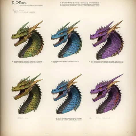 bone dragon, "D&D" fantasy creature design sheet page scan, undead_dragon, colorful detailed illustration by Jan Matejko ADOLPHE MILLOT