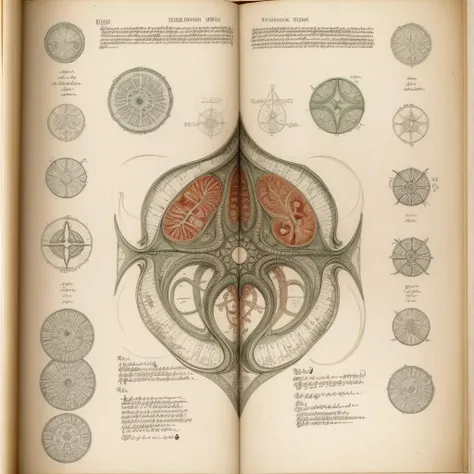 full page scan of 1800s detailed anatomy book medical, cthulhu cross_section, mysterious symbols around, text, scribbles and text-notes, ancient cthulhu anatomy watercolor illustrations,sketches, cross-section of a cthulhu body vivisection, style of Kim Jung Gi, ancient writing, old white paper, sheet page scan, Jan Matejko ADOLPHE MILLOT