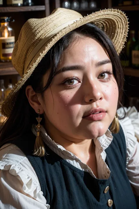 (extreme close up:1.4), face close up, (facing away from the camera), 1850s western saloon, dim candlelight flickering, apron, (woman bartender in traditional old west attire: 1.21), waistcoat adorned with intricate embroidery, dusty leather apron, (background bustling with cowgirls: 1.21), worn wooden bar, shelves lined with vintage bottles, rustic wooden floorboards, antique oil lamps, walls adorned with period-appropriate western-themed artwork, hat, <lora:zoom_slider_v1:5>, <lora:weight_slider_v2:2>,
