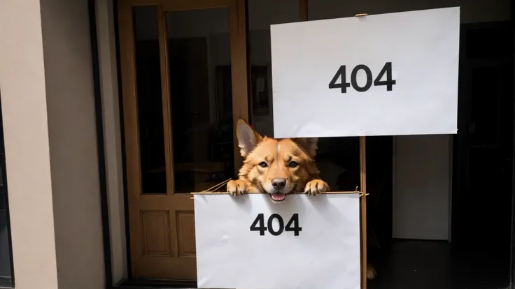 dog (holding a big sign that says "404"):1.4, (house on fire):1.2, (Incrs404):1.3, table, face portrait <lora:Detail Tweaker LoRA add_detail:0.8> <lora:404:1.2>