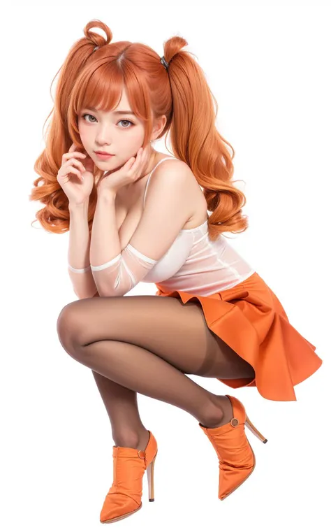 masterpiece, ((cowboy shot)), 4k, (best quality:1.2),
18 yo (emma_verde:1.5), (petite:0.9), (full body:1.3), sexy, medium breast, perfect body, detailed gorgeous face, pale skin, Brown twin-tails, purple eyes, orange sleeveless outfit, light skin, ((, looking at the viewer, tight skirt, short micro skirt, cleavage)),
((orange:1.2) (pantyhose:1.2)),
white_hair, ((simple background, white background))
<hypernet:coloredPh:0.6>
