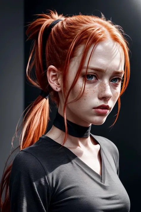 <lora:detailer:1> ,(8k, RAW photo, highest quality),(epic realistic:1.5), a girl, dynamic posture,erotic face,black shirt,(detailed eyes:0.8),(looking at the camera:1.4), (highest quality), (best shadow),intricate details,cinematic,((skin:1.4)),interior, (long ponytail ginger hair:1.3),dark studio,(hdr:1.5),detailed, muted colors, freckles