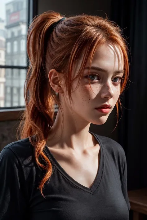 <lora:detailer:0.8> ,(8k, RAW photo, highest quality),(epic realistic:1.5), a girl, dynamic posture,erotic face,black shirt,(detailed eyes:0.8),(looking at the camera:1.4), (highest quality), (best shadow),intricate details,cinematic,((skin:1.4)),interior, (long ponytail ginger hair:1.3),dark studio,(hdr:1.5),detailed, muted colors, freckles