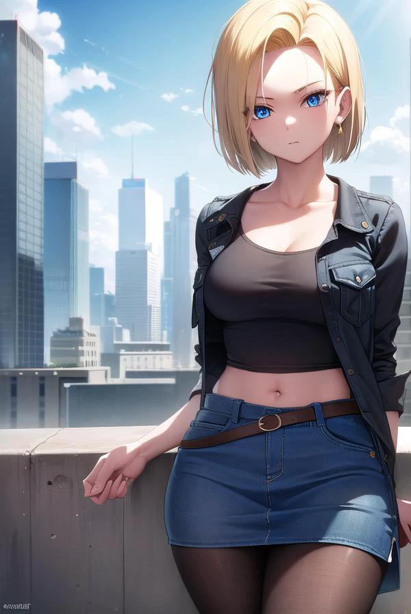android18, <lora:android18-lora-nochekaiser:1>,
android 18, blonde hair, blue eyes, eyelashes, hoop earrings, short hair, earrings,
BREAK belt, black legwear, black shirt, breast pocket, cleavage, collarbone, denim, denim skirt, high-waist skirt, jewelry, long sleeves, pocket, shirt, shirt tucked in, skirt, striped, striped sleeves, waistcoat,,
BREAK outdoors, city, sky, cloud, sun,
BREAK looking at viewer, (cowboy shot:1.5),
BREAK <lyco:GoodHands-beta2:1>, (masterpiece:1.2), best quality, high resolution, unity 8k wallpaper, (illustration:0.8), (beautiful detailed eyes:1.6), extremely detailed face, perfect lighting, extremely detailed CG, (perfect hands, perfect anatomy),