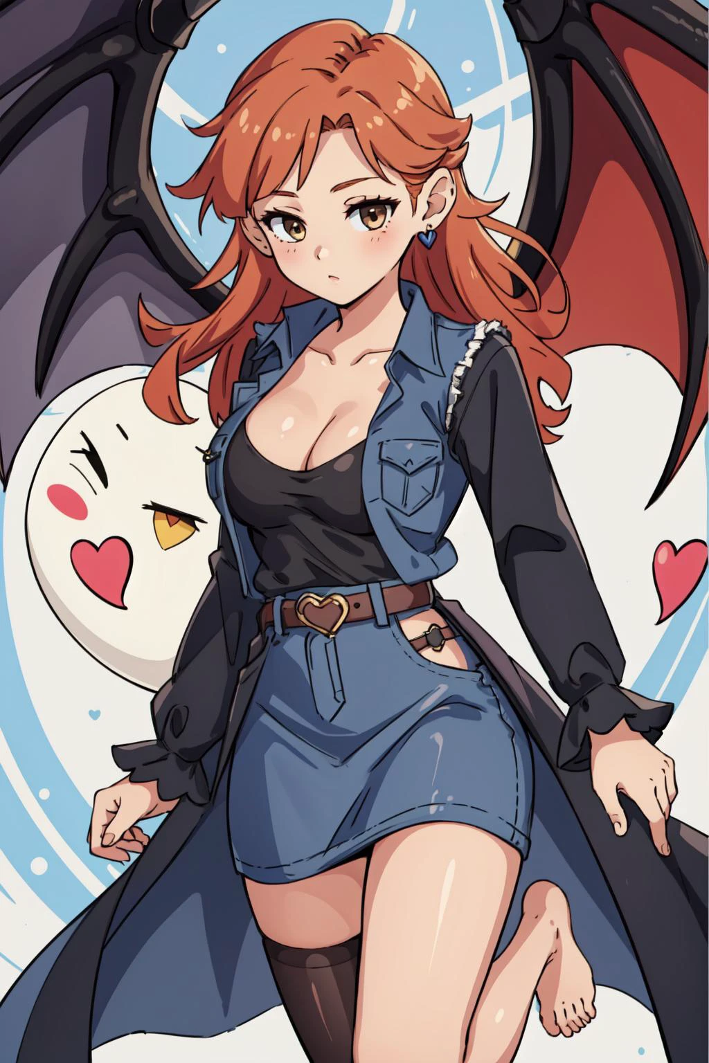 (masterpiece, best quality), intricate details,
1girl, <lora:Ghostrick_Socuteboss:0.8> ghostrickscb, long sleeves,heart, wings, barefoot
<lora:android18test:0.8> belt, black legwear, black shirt, breast pocket, cleavage, collarbone, denim, denim skirt, high-waist skirt, jewelry, long sleeves, pocket, shirt, shirt tucked in, skirt, striped, striped sleeves, waistcoat,,