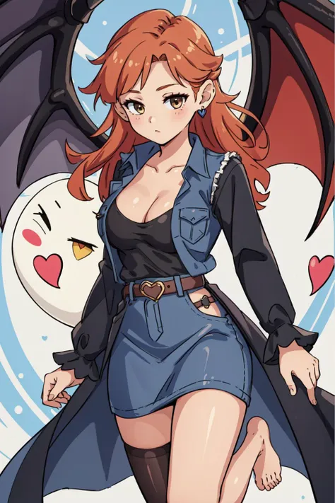 (masterpiece, best quality),  intricate details,
1girl, <lora:Ghostrick_Socuteboss:0.8> ghostrickscb, long sleeves,heart, wings, barefoot
 <lora:android18test:0.8> belt, black legwear, black shirt, breast pocket, cleavage, collarbone, denim, denim skirt, high-waist skirt, jewelry, long sleeves, pocket, shirt, shirt tucked in, skirt, striped, striped sleeves, waistcoat,,