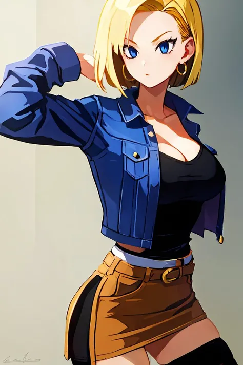 (masterpiece, best quality), 1girl, <lora:android18-lora-nochekaiser:1> android 18, blonde hair, blue eyes, eyelashes, hoop earrings, short hair, earrings belt, black legwear, black shirt, breast pocket, cleavage, collarbone, denim, denim skirt, high-waist skirt, jewelry, long sleeves, pocket, shirt, shirt tucked in, skirt, striped, striped sleeves, waistcoat,