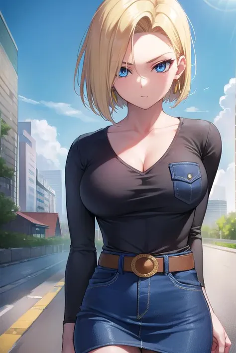 android18, <lora:android18-lora-nochekaiser:1>, 
android 18, blonde hair, blue eyes, eyelashes, hoop earrings, short hair, earrings,
BREAK belt, black legwear, black shirt, breast pocket, cleavage, collarbone, denim, denim skirt, high-waist skirt, jewelry, long sleeves, pocket, shirt, shirt tucked in, skirt, striped, striped sleeves, waistcoat,,
BREAK outdoors, city, sky, cloud, sun,
BREAK looking at viewer, (cowboy shot:1.5),
BREAK <lyco:GoodHands-beta2:1>, (masterpiece:1.2), best quality, high resolution, unity 8k wallpaper, (illustration:0.8), (beautiful detailed eyes:1.6), extremely detailed face, perfect lighting, extremely detailed CG, (perfect hands, perfect anatomy),