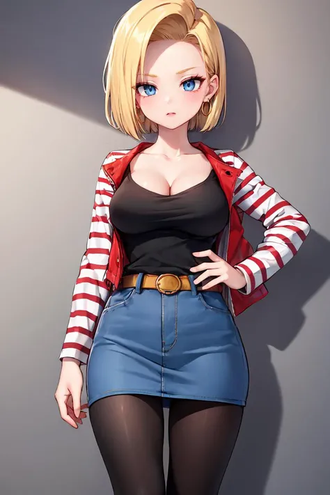 (masterpiece, best quality), 1girl,   <lora:android18-lora-nochekaiser:1> android 18, blonde hair, blue eyes, eyelashes, hoop earrings, short hair, earrings belt, black legwear, black shirt, breast pocket, cleavage, collarbone, denim, denim skirt, high-waist skirt, jewelry, long sleeves, pocket, shirt, shirt tucked in, skirt, striped, striped sleeves, waistcoat,