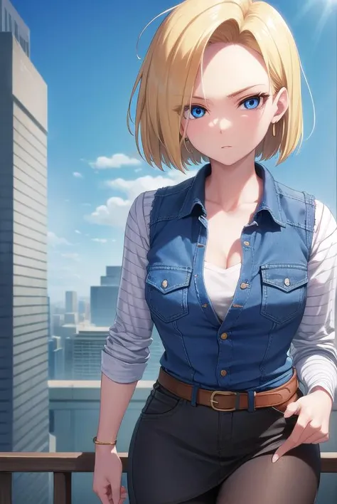 android18, <lora:android18-lora-nochekaiser:1>,
android 18, blonde hair, blue eyes, eyelashes, hoop earrings, short hair, earrings,
BREAK belt, black legwear, black shirt, breast pocket, cleavage, collarbone, denim, denim skirt, high-waist skirt, jewelry, long sleeves, pocket, shirt, shirt tucked in, skirt, striped, striped sleeves, waistcoat,,
BREAK outdoors, city, sky, cloud, sun,
BREAK looking at viewer, (cowboy shot:1.5),
BREAK <lyco:GoodHands-beta2:1>, (masterpiece:1.2), best quality, high resolution, unity 8k wallpaper, (illustration:0.8), (beautiful detailed eyes:1.6), extremely detailed face, perfect lighting, extremely detailed CG, (perfect hands, perfect anatomy),