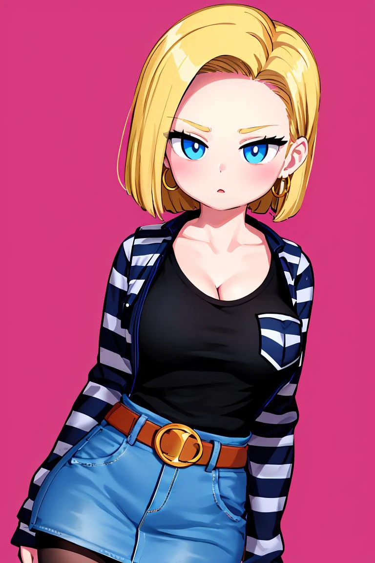 (masterpiece, best quality), 1girl, <lora:android18-lora-nochekaiser:1> android 18, blonde hair, blue eyes, eyelashes, hoop earrings, short hair, earrings belt, black legwear, black shirt, breast pocket, cleavage, collarbone, denim, denim skirt, high-waist skirt, jewelry, long sleeves, pocket, shirt, shirt tucked in, skirt, striped, striped sleeves, waistcoat,