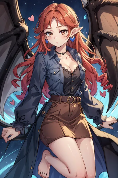 (masterpiece, best quality), intricate details,
1girl, <lora:Ghostrick_Socuteboss:0.8> ghostrickscb, long sleeves,heart, wings, barefoot
<lora:android18test:0.8> belt, black legwear, black shirt, breast pocket, cleavage, collarbone, denim, denim skirt, high-waist skirt, jewelry, long sleeves, pocket, shirt, shirt tucked in, skirt, striped, striped sleeves, waistcoat,,