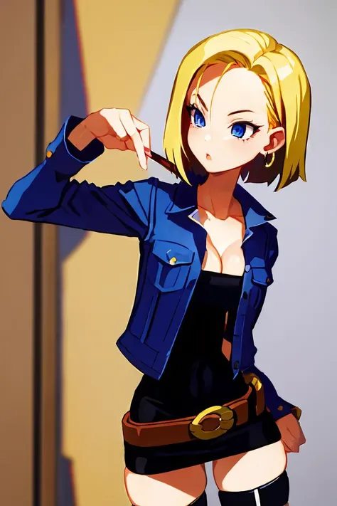 (masterpiece, best quality), 1girl,   <lora:android18-lora-nochekaiser:1> android 18, blonde hair, blue eyes, eyelashes, hoop earrings, short hair, earrings belt, black legwear, black shirt, breast pocket, cleavage, collarbone, denim, denim skirt, high-waist skirt, jewelry, long sleeves, pocket, shirt, shirt tucked in, skirt, striped, striped sleeves, waistcoat,