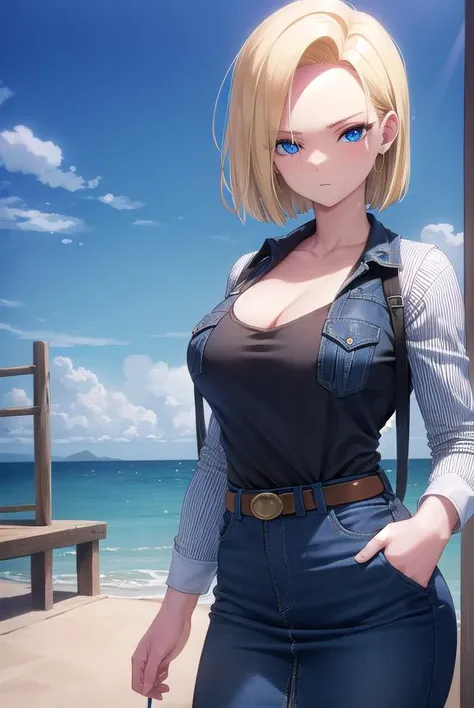 android18, <lora:android18-lora-nochekaiser:1>,
android 18, blonde hair, blue eyes, eyelashes, hoop earrings, short hair, earrings,
BREAK belt, black legwear, black shirt, breast pocket, cleavage, collarbone, denim, denim skirt, high-waist skirt, jewelry, long sleeves, pocket, shirt, shirt tucked in, skirt, striped, striped sleeves, waistcoat,,
BREAK outdoors, city, sky, cloud, sun,
BREAK looking at viewer, (cowboy shot:1.5),
BREAK <lyco:GoodHands-beta2:1>, (masterpiece:1.2), best quality, high resolution, unity 8k wallpaper, (illustration:0.8), (beautiful detailed eyes:1.6), extremely detailed face, perfect lighting, extremely detailed CG, (perfect hands, perfect anatomy),