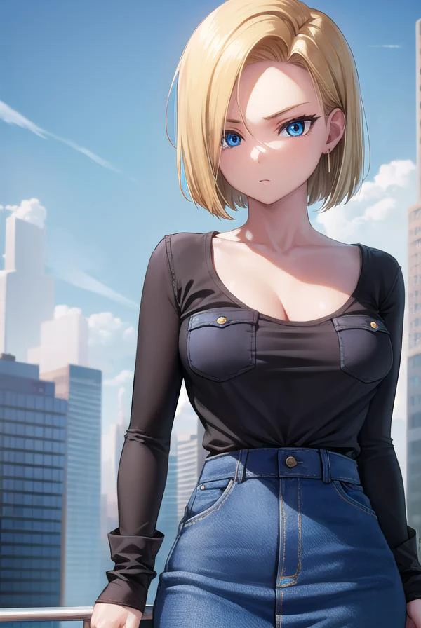 android18, <lora:android18-lora-nochekaiser:1>,
android 18, blonde hair, blue eyes, eyelashes, hoop earrings, short hair, earrings,
BREAK belt, black legwear, black shirt, breast pocket, cleavage, collarbone, denim, denim skirt, high-waist skirt, jewelry, long sleeves, pocket, shirt, shirt tucked in, skirt, striped, striped sleeves, waistcoat,,
BREAK outdoors, city, sky, cloud, sun,
BREAK looking at viewer, (cowboy shot:1.5),
BREAK <lyco:GoodHands-beta2:1>, (masterpiece:1.2), best quality, high resolution, unity 8k wallpaper, (illustration:0.8), (beautiful detailed eyes:1.6), extremely detailed face, perfect lighting, extremely detailed CG, (perfect hands, perfect anatomy),